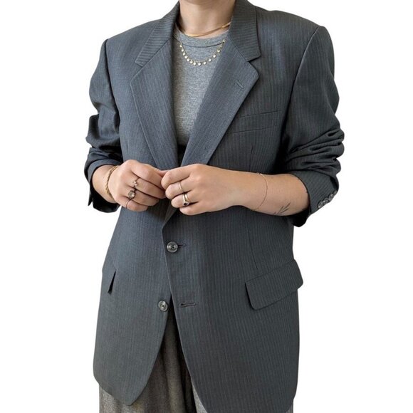 Vintage Christian Dior Gray Wool Pinstripe Oversized Blazer Sport Coat 44R - Picture 1 of 11